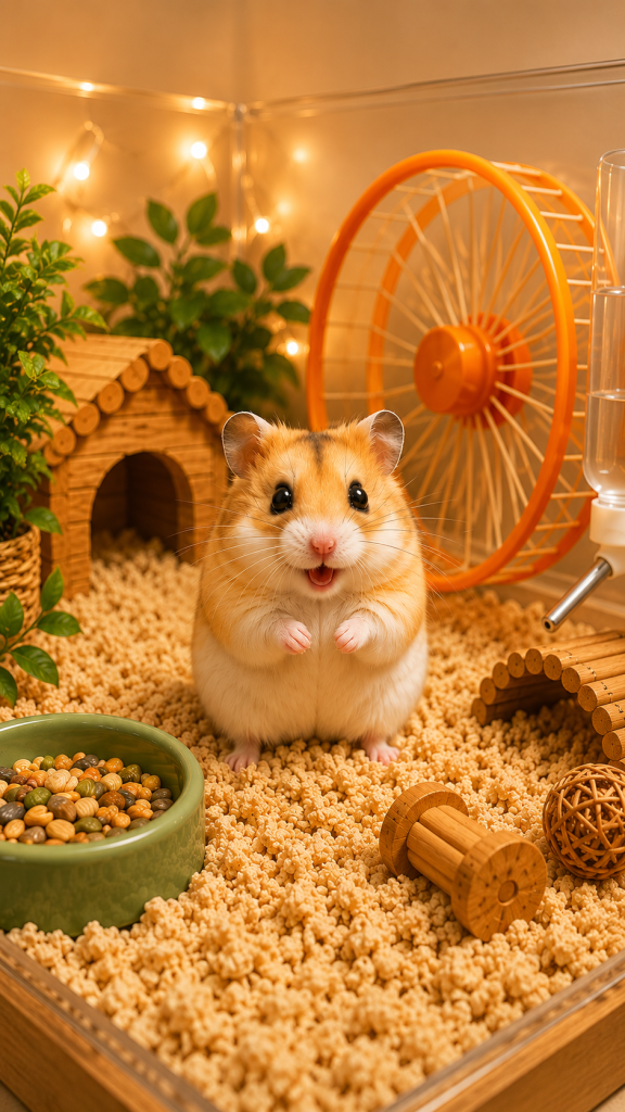 Happy dwarf hamster inside a spacious cage with an orange exercise wheel, wooden hideout, food bowl, water bottle, and deep bedding