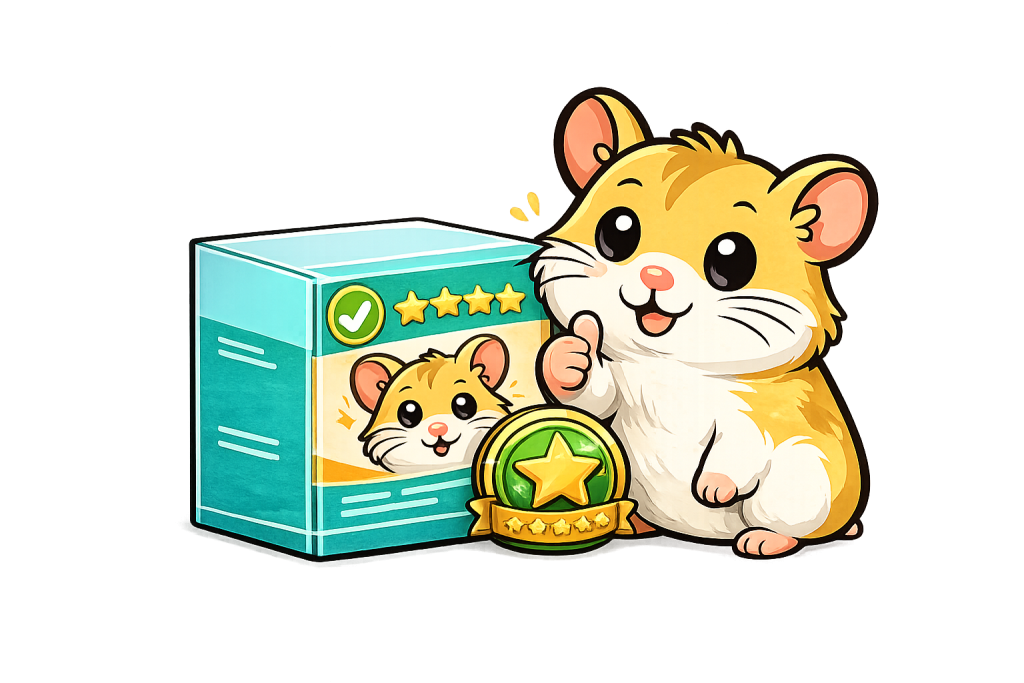 Cute hamster giving a thumbs up beside a trusted hamster product