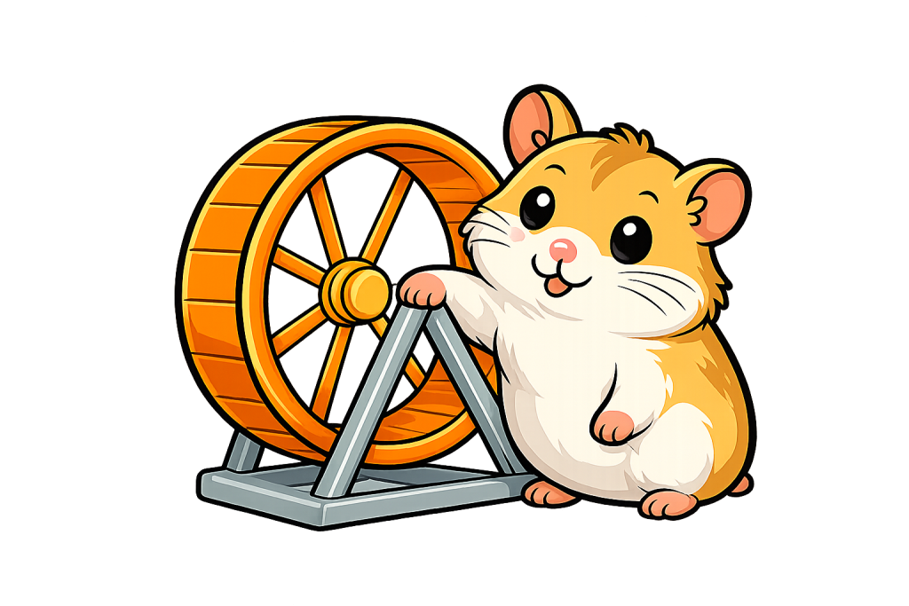 Cute hamster leaning on an orange exercise wheel